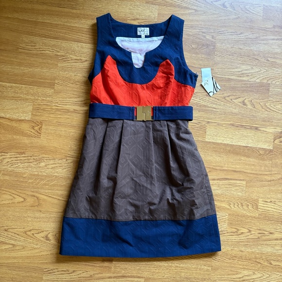 Milly brown orange blue colorblock sleeveless belted dress pockets size 8 NWT - Picture 9 of 16
